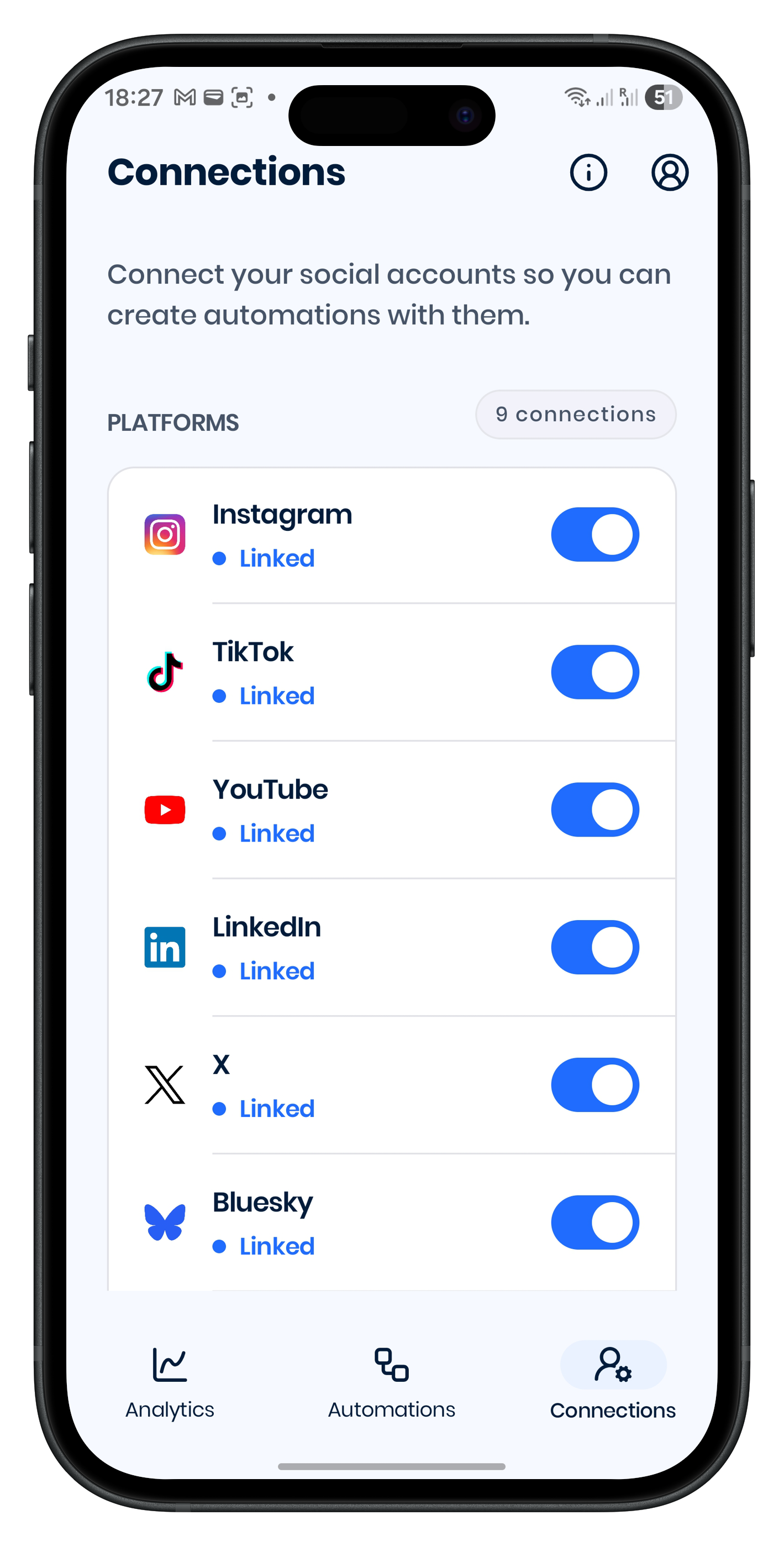 Repostify Connections screen with linked social platforms